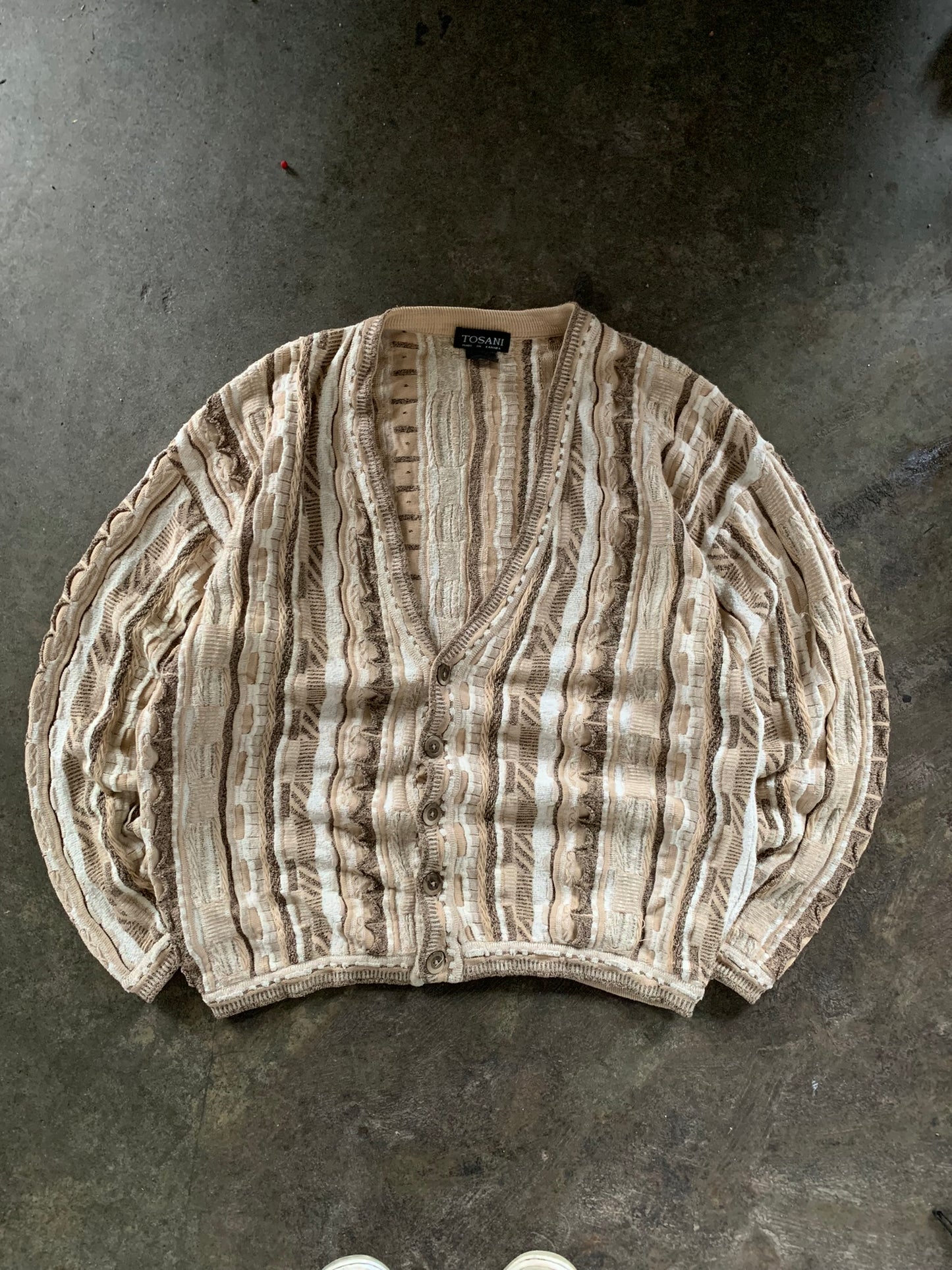 (L) 90’s Tosani Cafe Creme 3D Coogi Style Cardigan