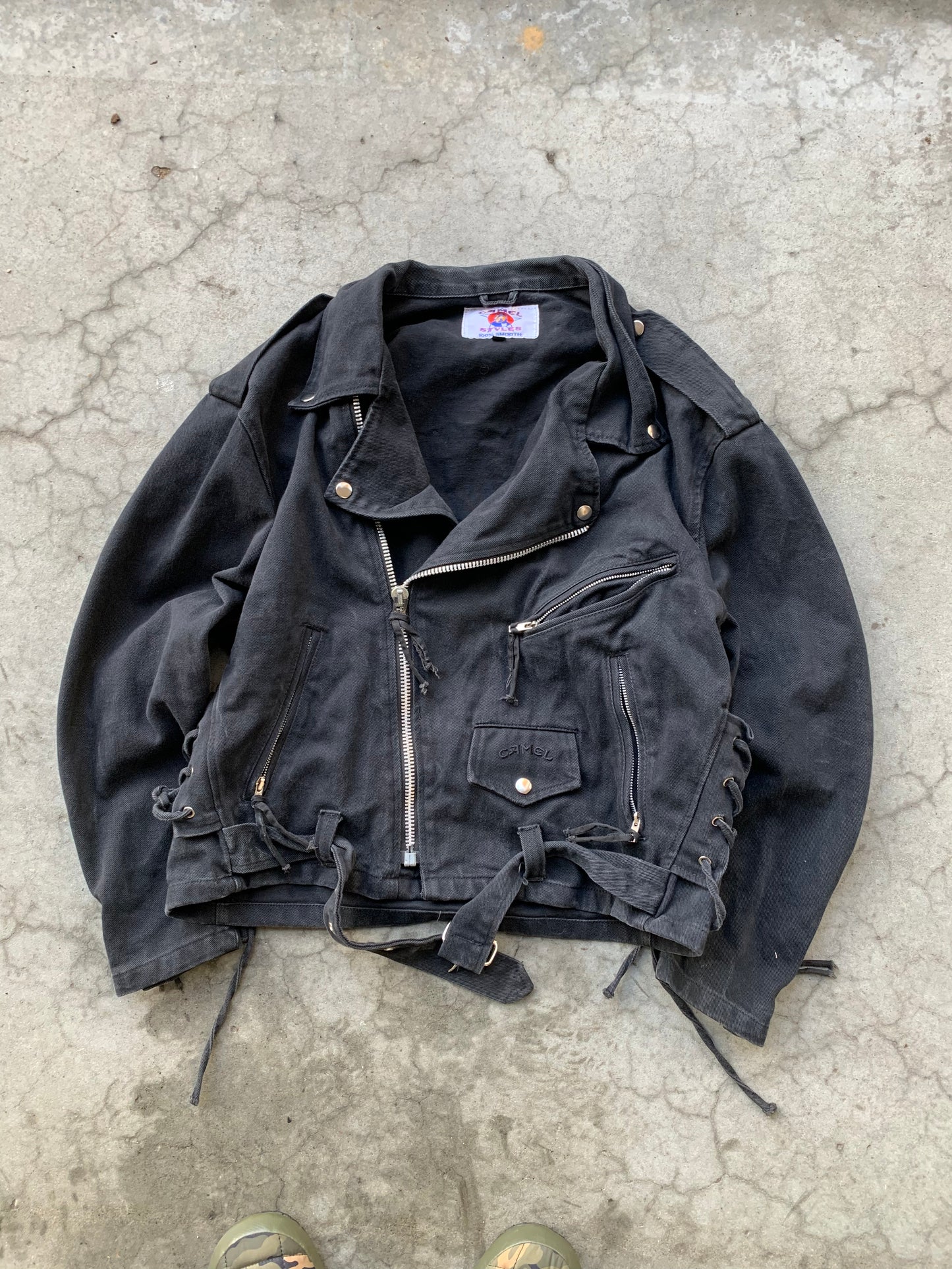 (L) 1992 Camel Denim Biker Jacket