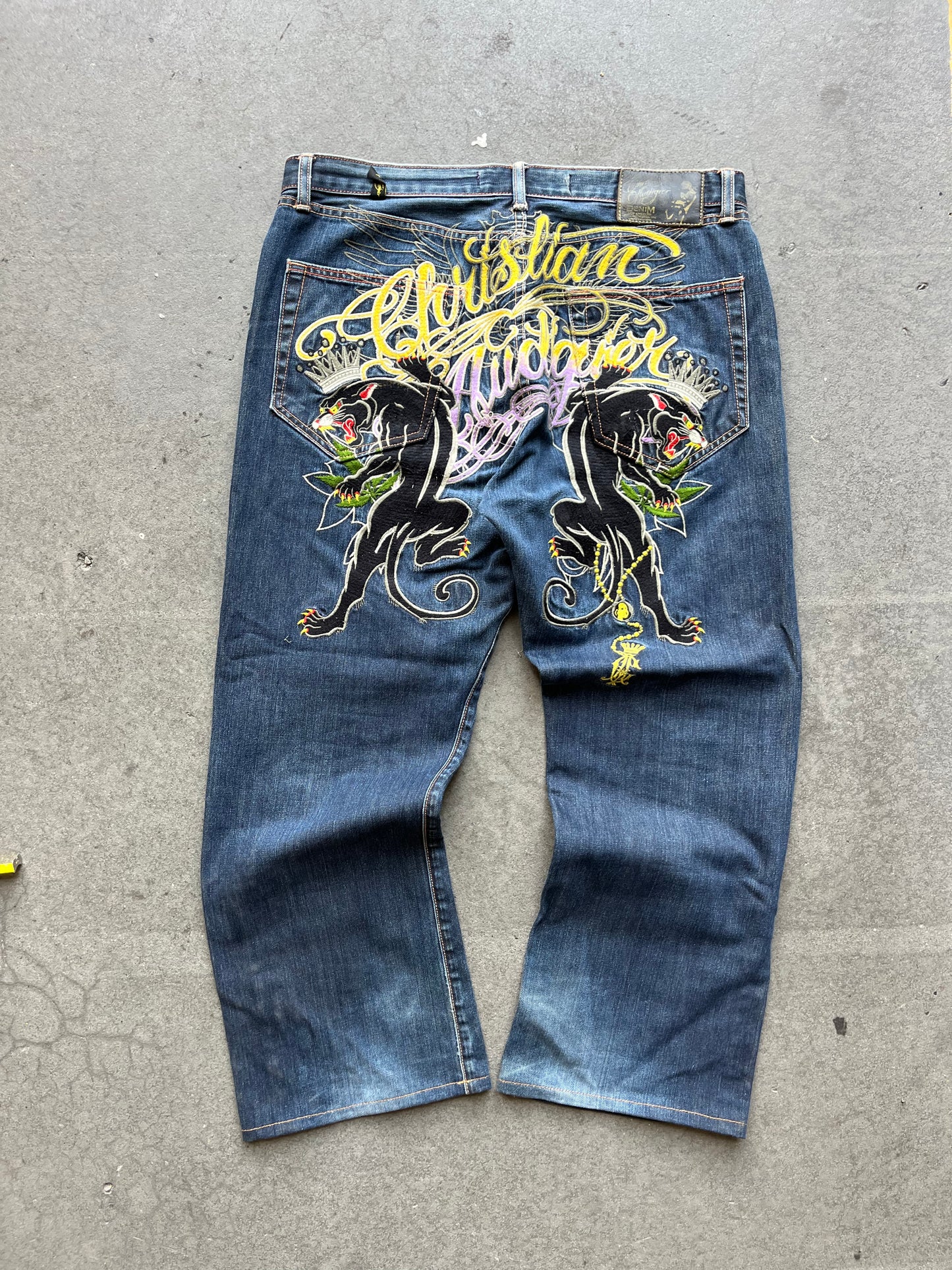 (38”) Christian Audigier Panther Print Jeans