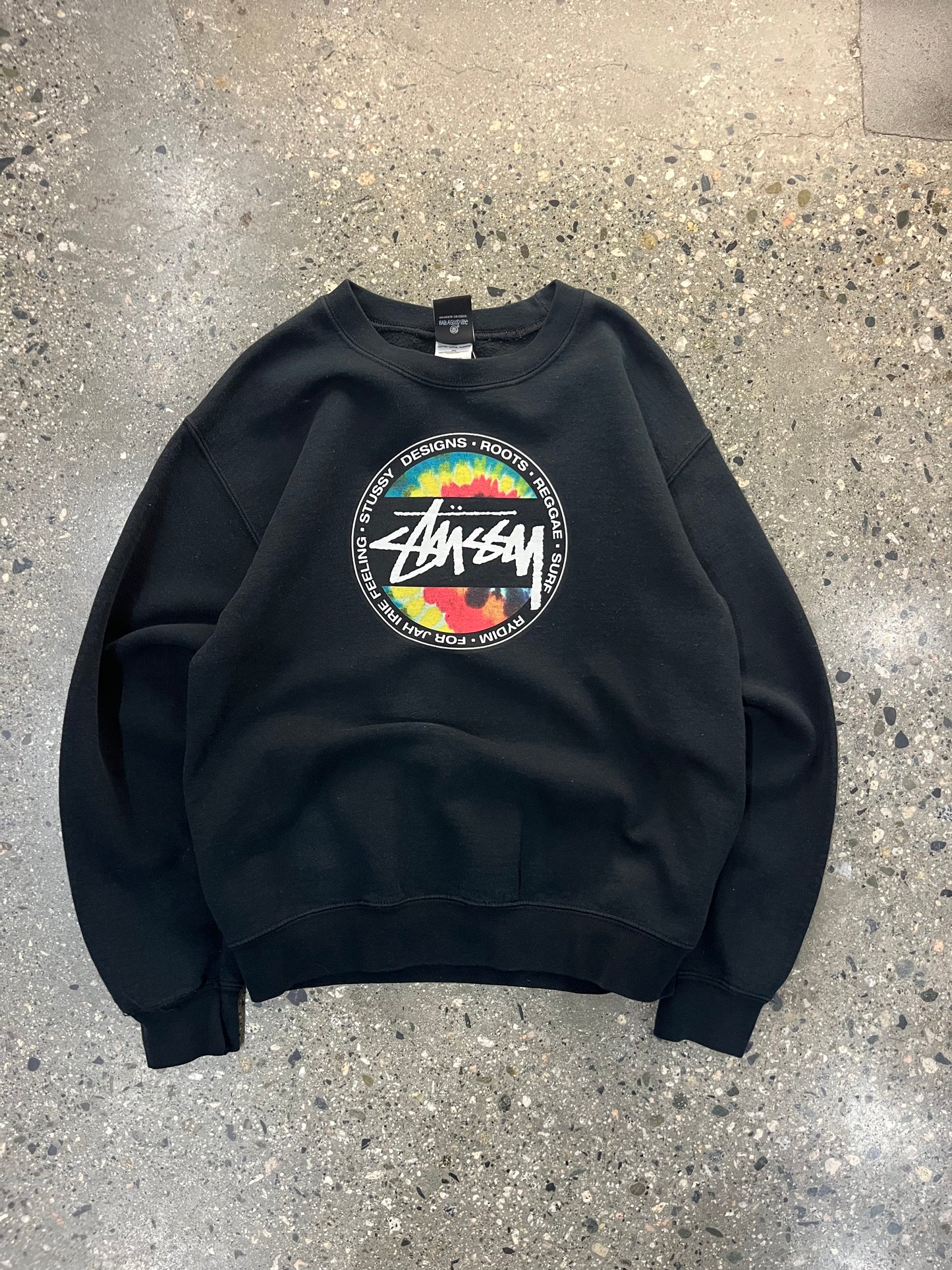 00's Stussy Tie Dye Circle Graphic Black Crewneck