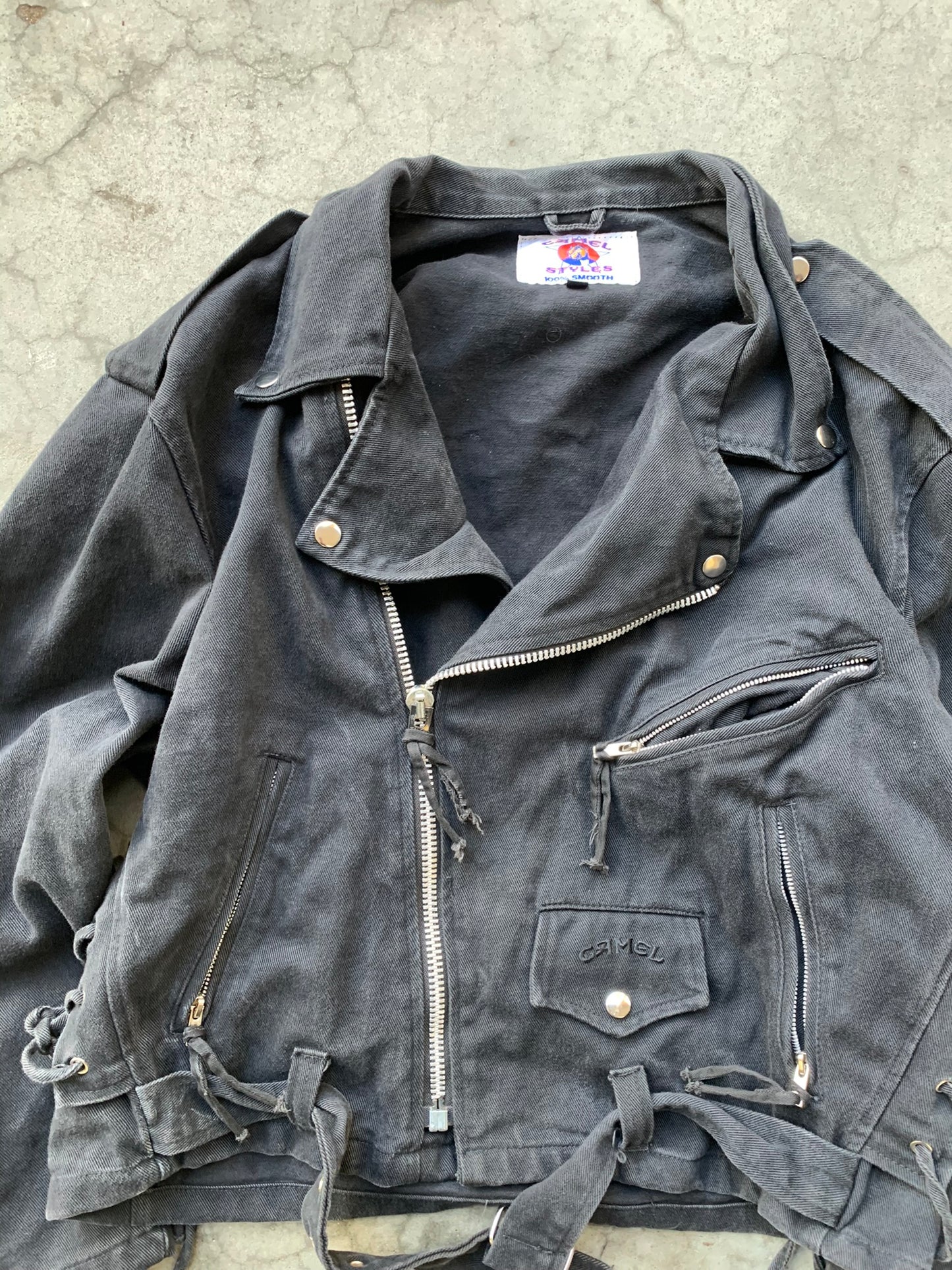 (L) 1992 Camel Denim Biker Jacket