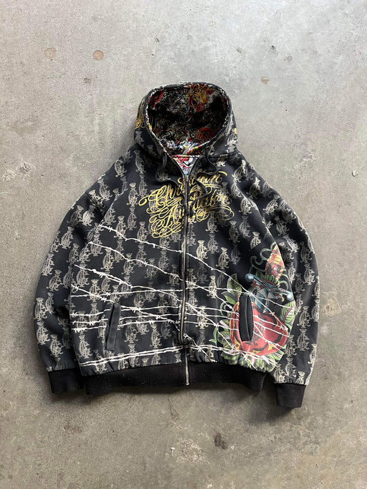 (2X) Distressed Reversible Christian Audigier All Over Print Hoodie