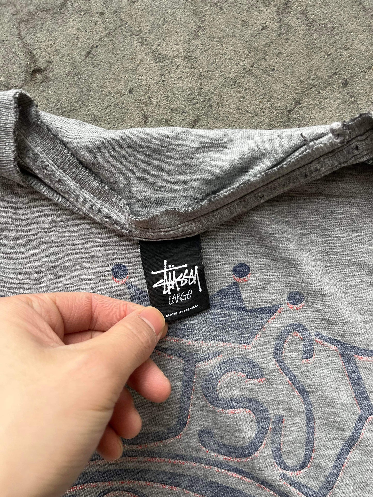 (L/XL) Distressed Sunfaded Stussy Grey Tee