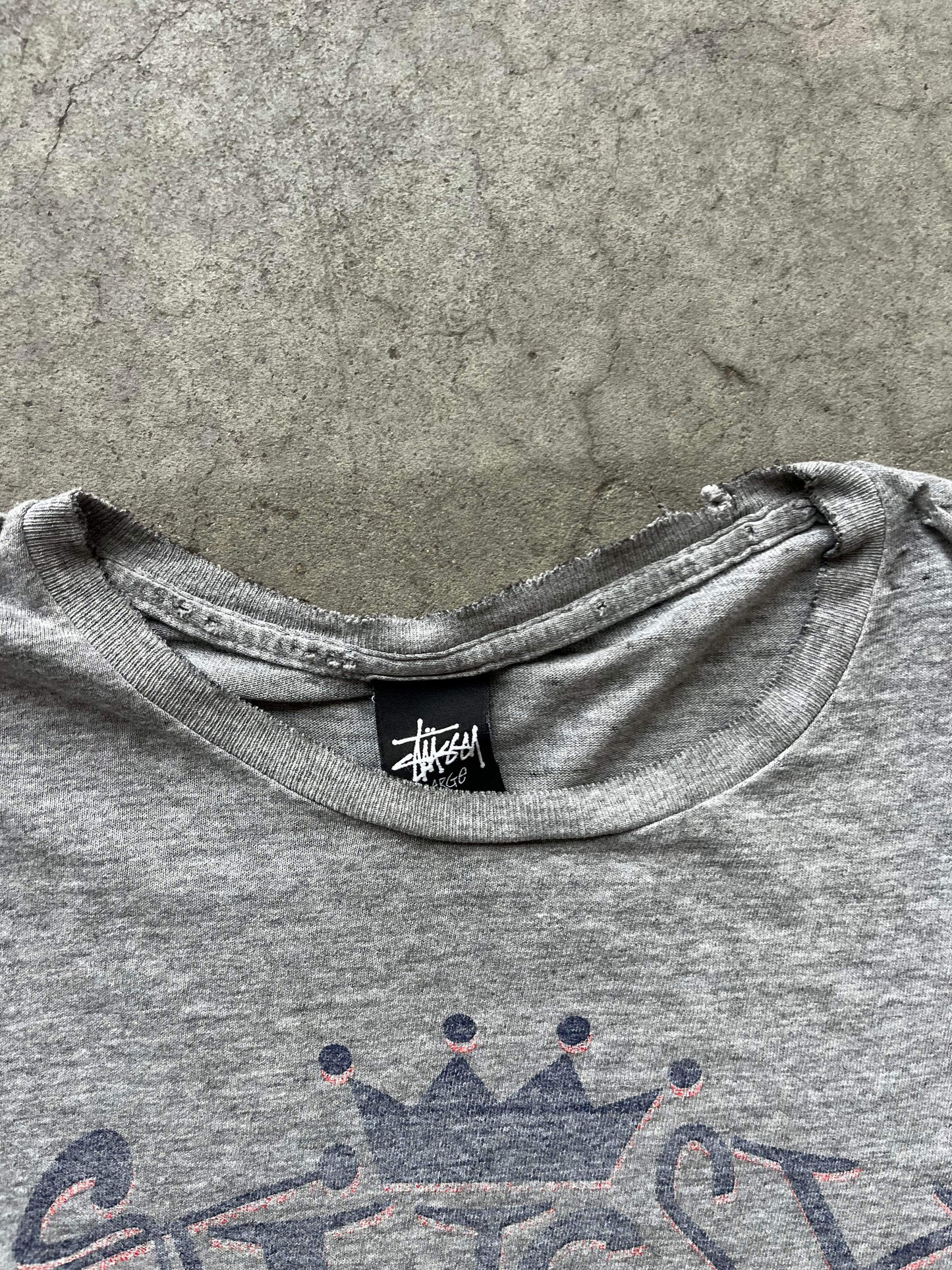 (L/XL) Distressed Sunfaded Stussy Grey Tee