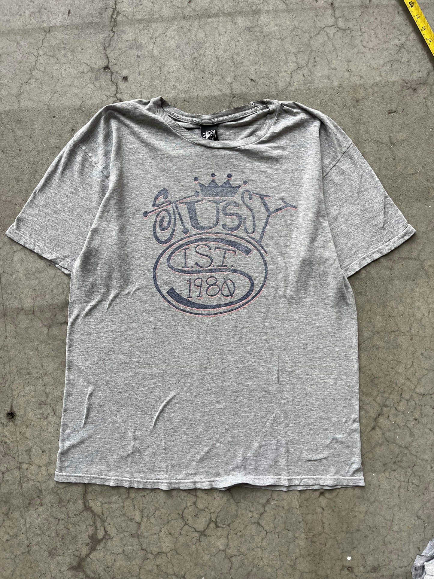 (L/XL) Distressed Sunfaded Stussy Grey Tee