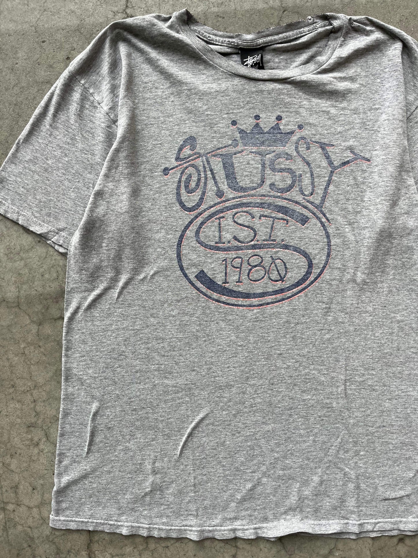 (L/XL) Distressed Sunfaded Stussy Grey Tee